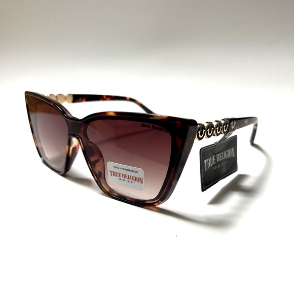 New Original TRUE RELIGION Cat Eye Sunglasses Tortoise Shell Acetate Gold Logo Z - Picture 1 of 6